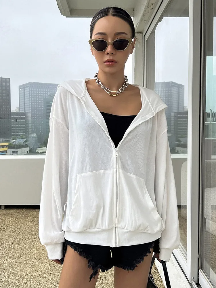 Sweatshirtw for Women - Drop Shoulder Zip Up Hoodie (Color : White, Size : Small)