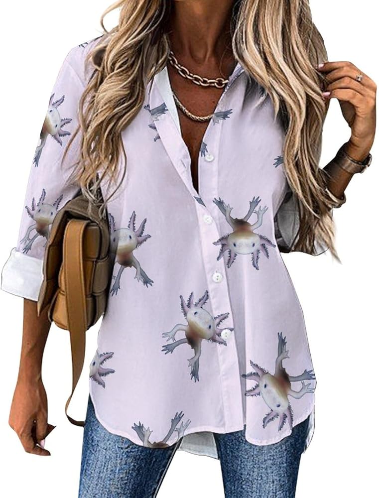 Cute Baby Axolotl Classic Shirts for Women Long Sleeve Blouse Casual V Neck Tee Tops Work Office