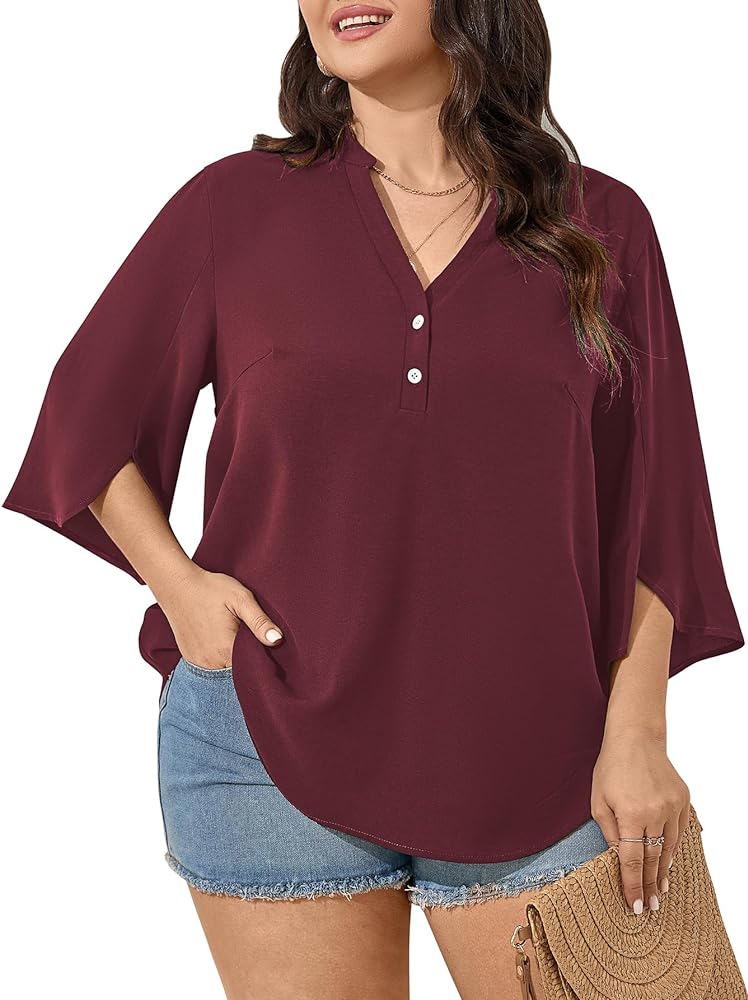 SCOMCHIC Womens Plus Size Tops 3/4 Sleeve Dressy Casual V Neck Tunic Shirts Loose Work Blouse