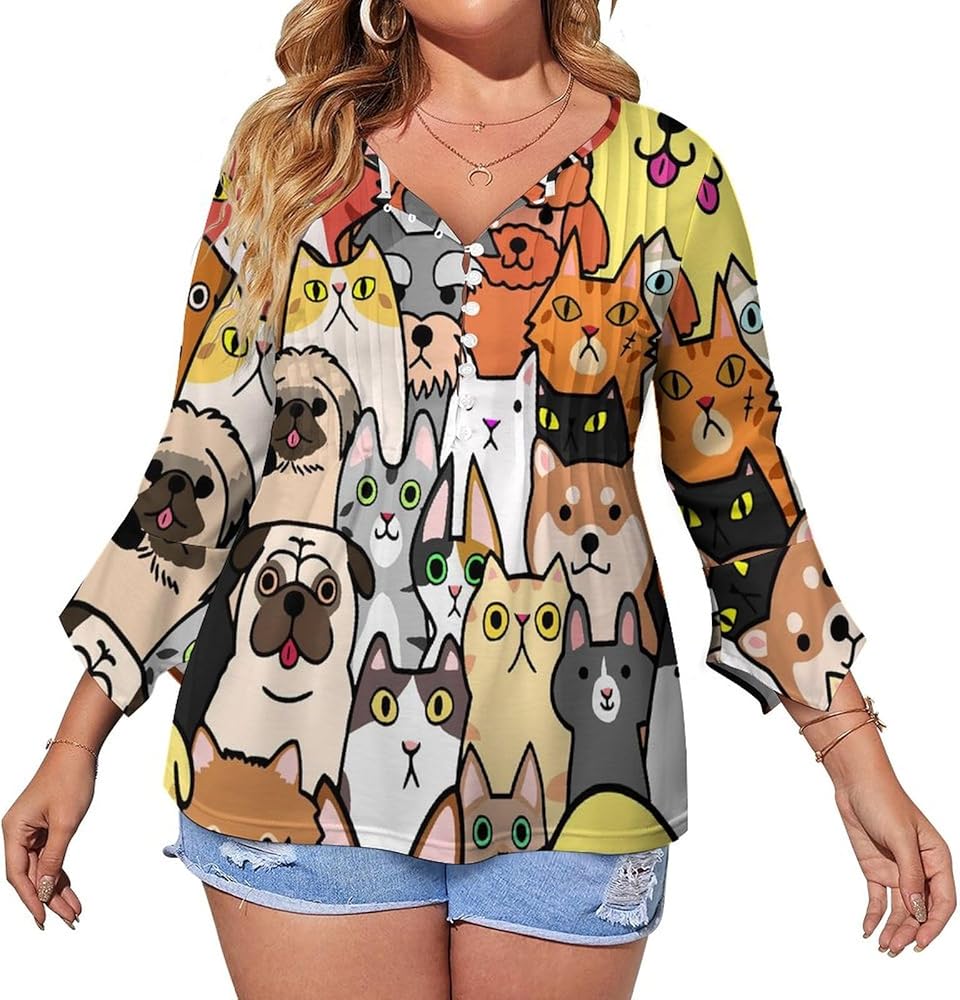 Many Funny Animals Cute Womens T-Shirts 3/4 Sleeve Button Down Tee Tops Blouse Summer Beach