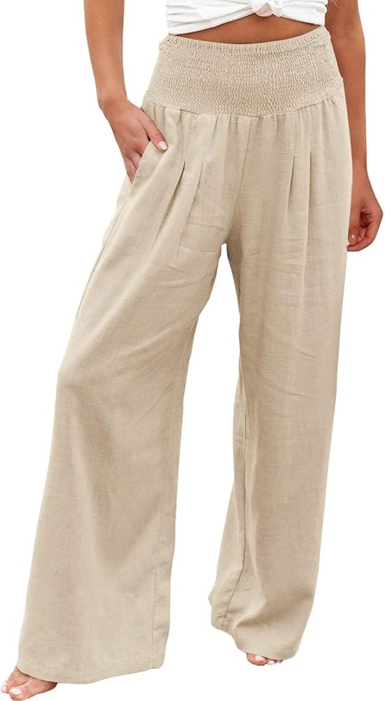 Wide Leg Linen Pants for Women Beach Summer Casual Elastic High Waist Loose Comfy Trousers Trendy Palazzo Pants with Pockets