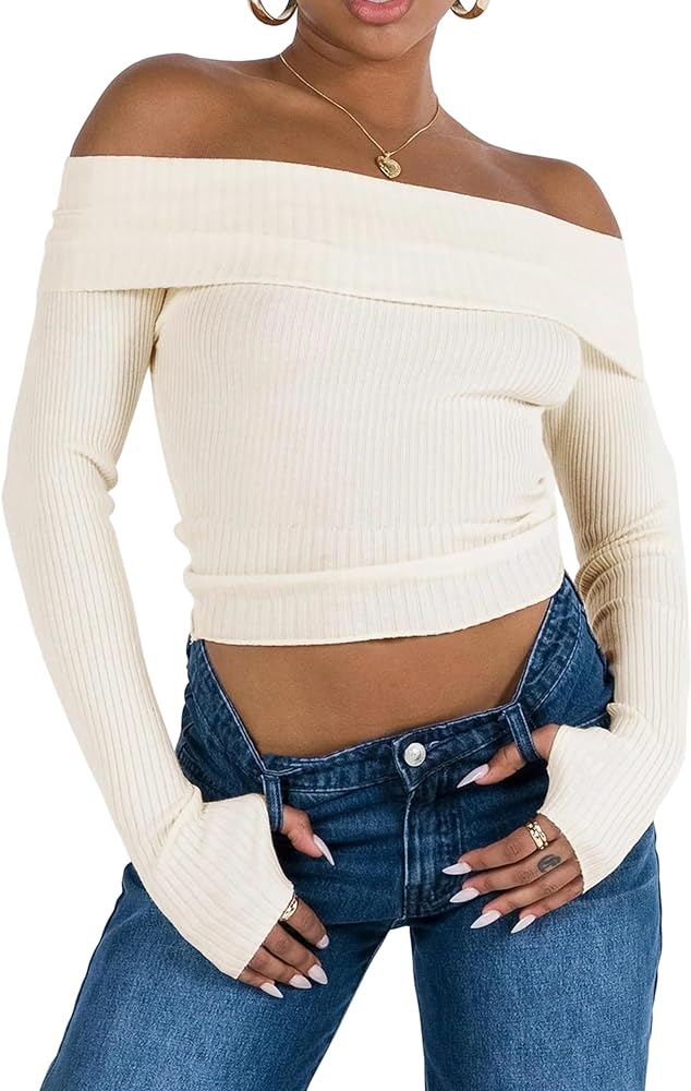 PICPUNMAK Women Basic Fitted Long Sleeve Off Shoulder Crop Tee Top with Thumb Hole Rib Knit Sweater Crop Shirt Pullover Tops