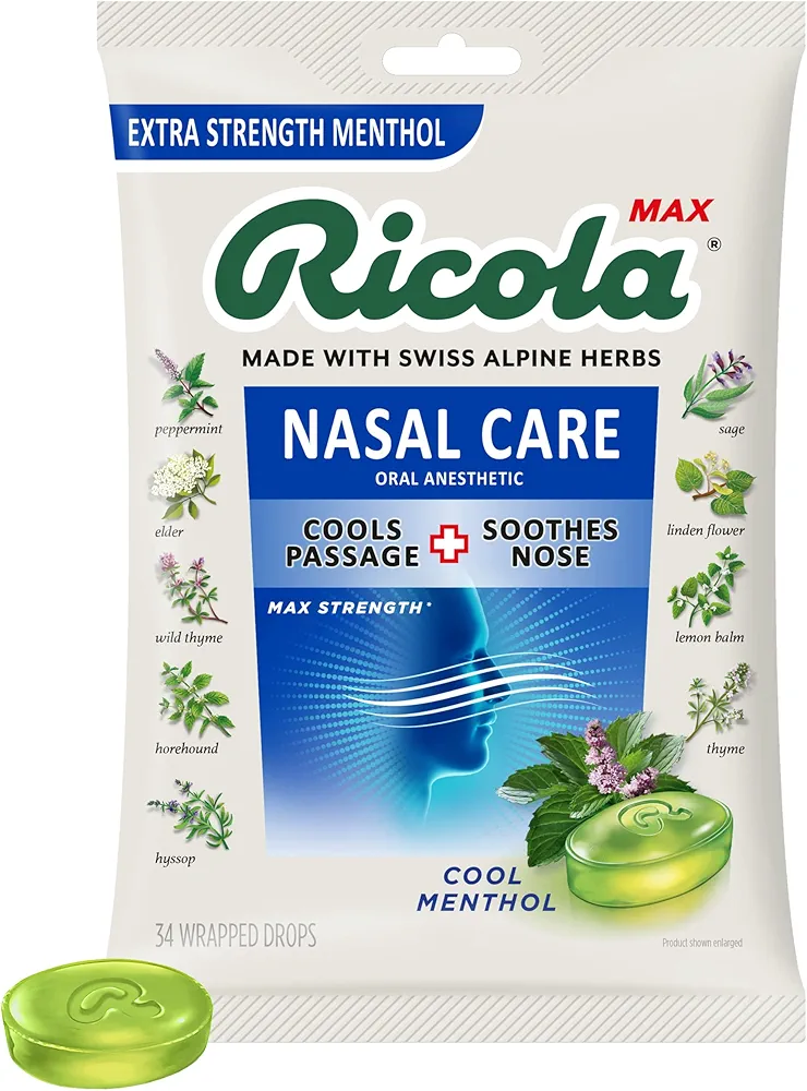 Ricola Max Cool Menthol Nasal Care Large Bag | Cough Suppressant Drops | Dual Action Liquid Center | Soothing Long-Lasting Relief - 34 Count (Pack of 1)