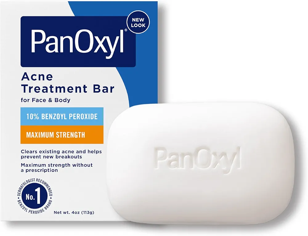 PanOxyl Acne Treatment Bar with 10% Benzoyl Peroxide, Maximum Strength Acne Bar Soap for Face, Chest and Back, Benzoyl Peroxide Bar Soap Body Wash, Vegan, For Acne Prone Skin, 4 oz