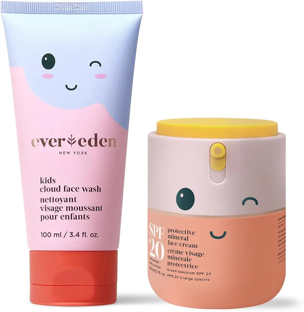 Kids Happy Morning DUO: Clean & Vegan Skin Care for Kids Bundle | Kids Skin Care Cloud Face Wash + SPF 20 Mineral Face Cream | Non-Toxic | Non-Comedogenic | Fun | Easy-to-Use Skincare for Kids