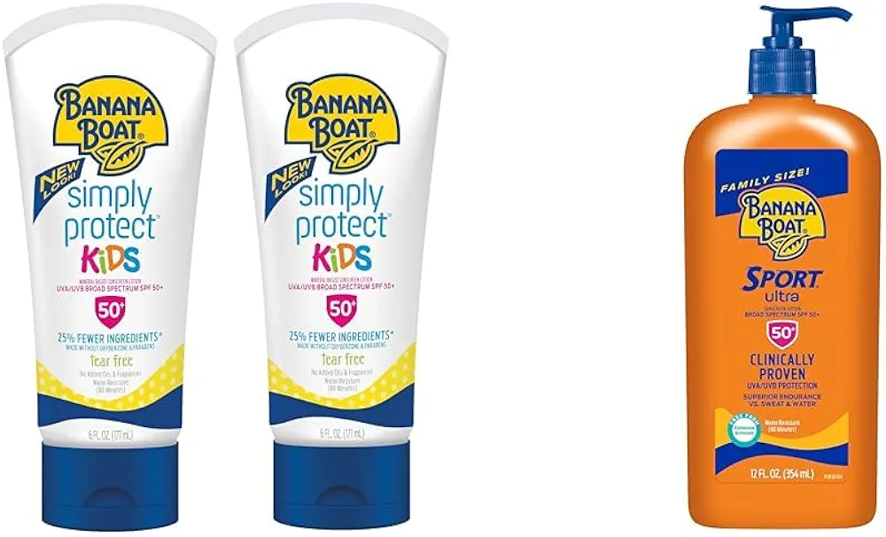 Banana Boat Kids Mineral Sunscreen SPF 50 Twin Pack and Sport Ultra Sunscreen SPF 50 Lotion