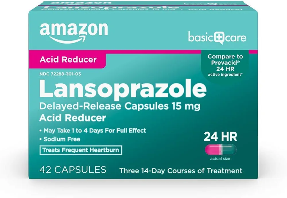 Amazon Basic Care Lansoprazole Delayed Release Capsules, 15 mg, treats frequent heartburn, White, 42 Count