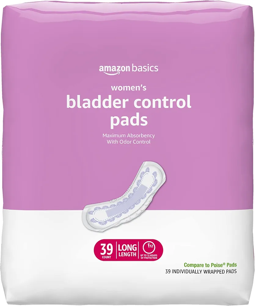 Amazon Basics Incontinence, Bladder Control & Postpartum Pads for Women, Maximum Absorbency, Long Length, Unscented, 39 Count (Pack of 1), (Previously Solimo)