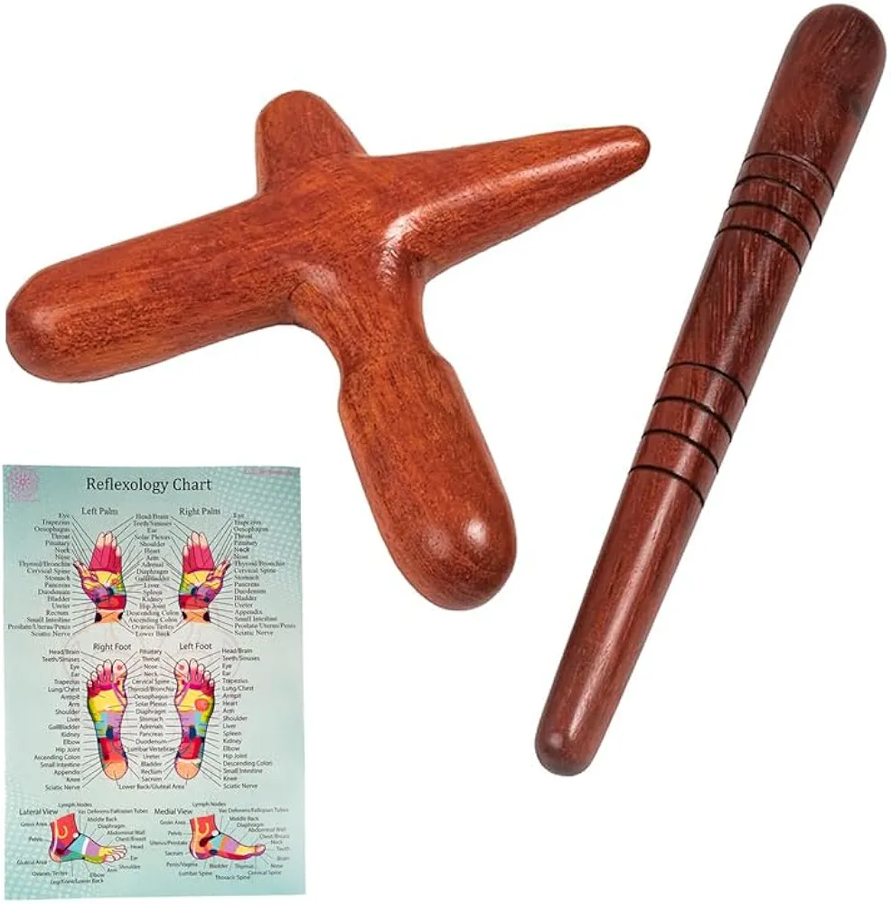 Massage Stick Thai Wooden Toolset with Reflexology Chart Traditional 2 Types Body Hand Foot Massage Tools Kit for Professionals Includes Wood X-Shape Cross Bar and Foot Massage Sticks