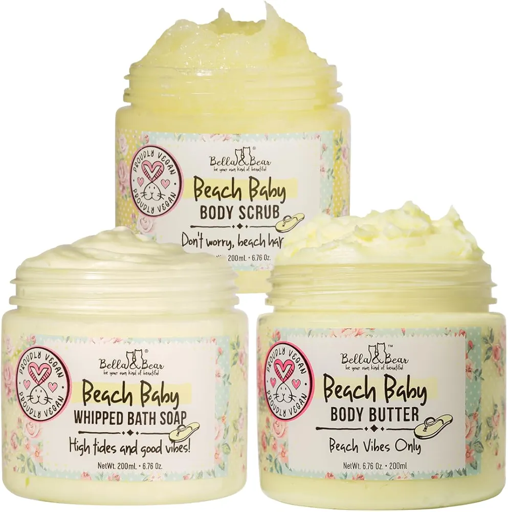 Beach Baby Body Scrub, Whipped Bath Soap & Shave Cream and Shea Body Butter Bundle