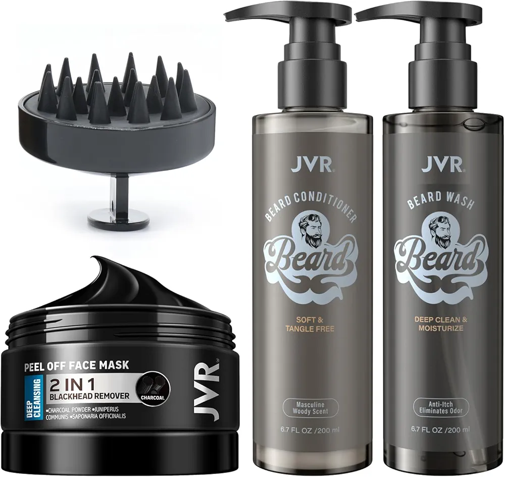 JVR Blackhead Remover Mask and Beard Wash & Beard Conditioner for Men, Charcoal Peel Off Black Mask, Facial Mask Purifying and Deep Cleansing+ Beard Shampoo Cleanse and Reduces Frizz