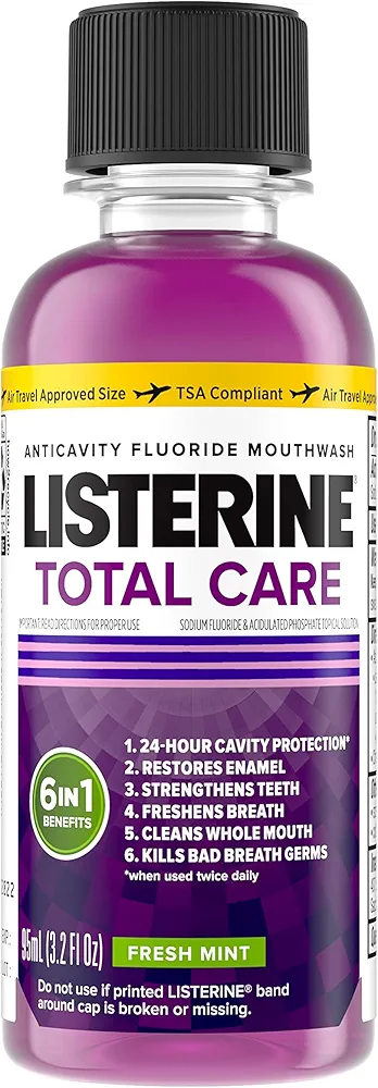 Listerine Total Care Anticavity Fluoride Mouthwash for Bad Breath, Fresh Mint, 3.2 Fl oz (Pack of 4)