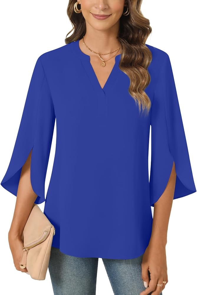 Anyally Women's Chiffon Blouses 3/4 Sleeve Summer Dressy Tunic Tops Casual Loose V Neck T-Shirts