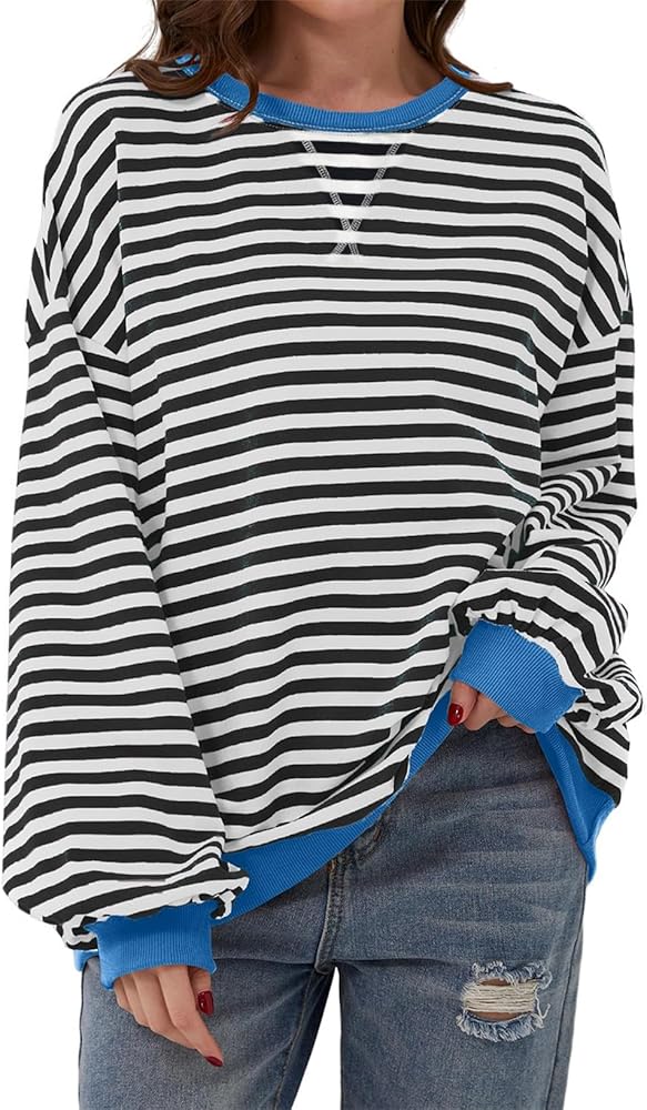 AlvaQ Womens Oversized Sweatshirt 2024 Casual Crewneck Long Sleeve Colorblock Striped Pullover Tunic Tops Outfits