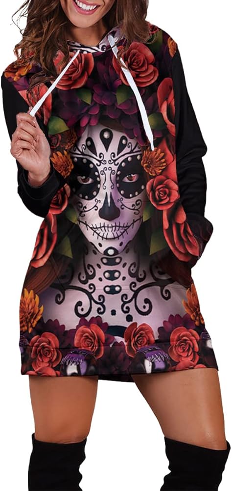 Women's Multicolor Skull Bride In Roses All-over Print Hoodie Dress - Fashion 3D Print Design, Long Sleeve Casual Active Wear