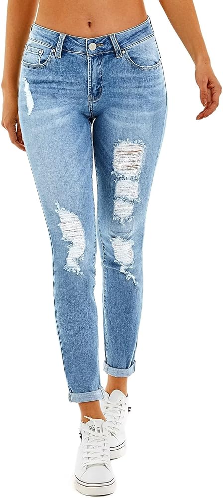 RHODANTHE Women's Ripped Boyfriend Jeans Stretch Skinny Jean Trendy Distressed Straight Leg Jeans with Holes