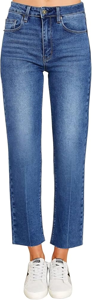 KDF Women's Cropped Straight Leg Jeans - High Waisted Jeans for Women 7/8 Length Denim Pants with Crop Hem