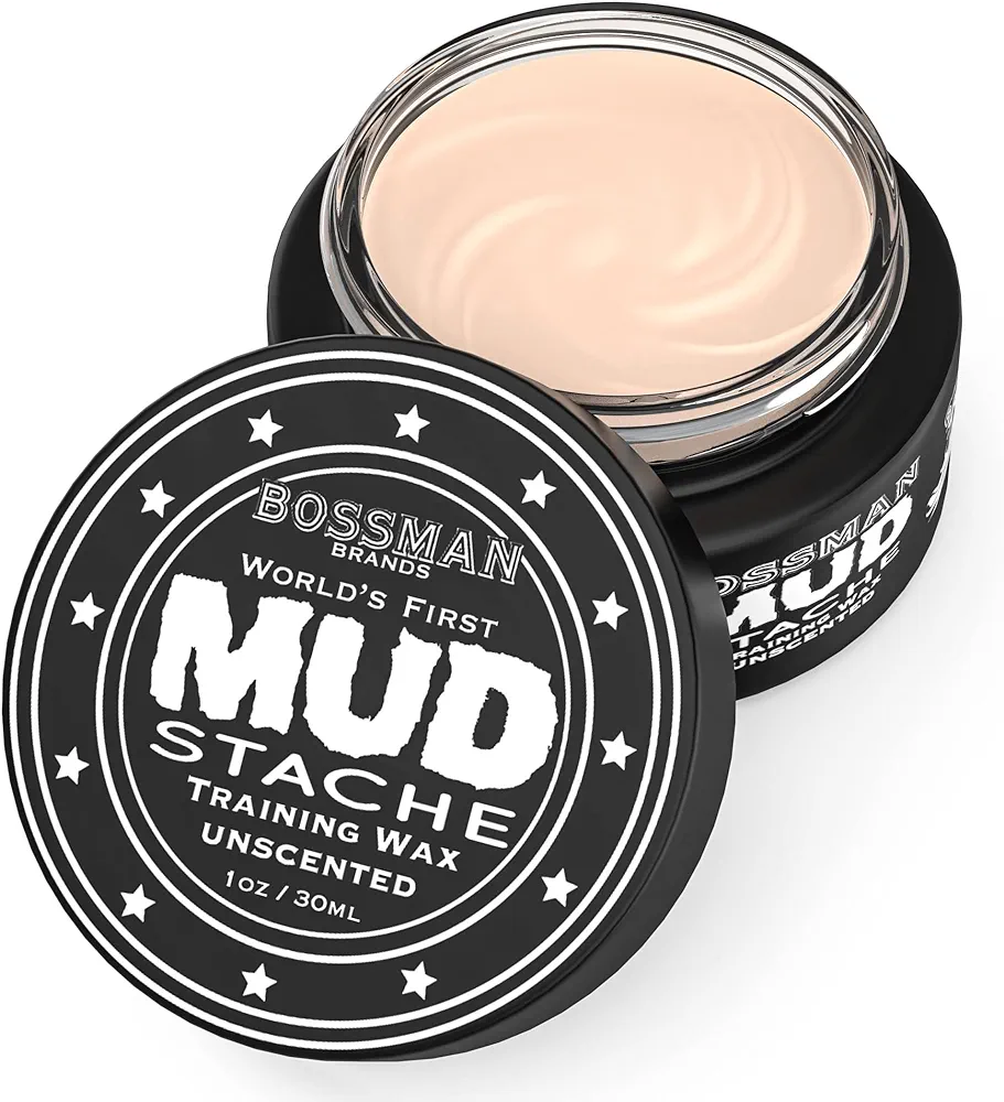 Bossman MUDstache Unscented Mustache Wax – No Pull - Spreads Easy for a Strong Non-Tacky 24 hr Hold - Tame, Train and Style - Moustache Wax for Men (1oz)