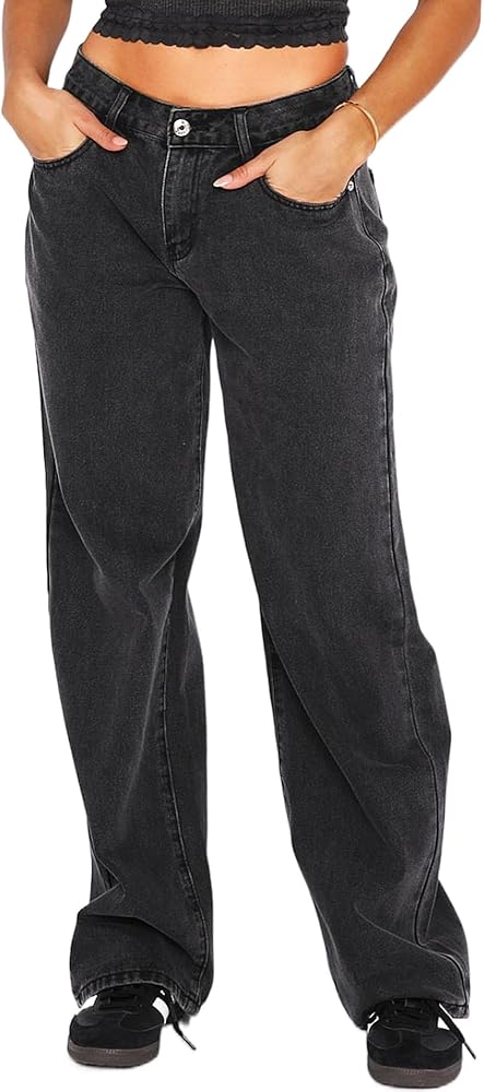 Justalwart Women's Black Low Rise Baggy Jeans