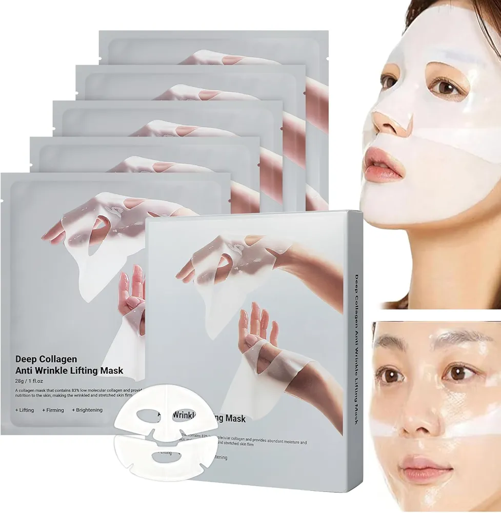 Deep Collagen Anti Wrinkle Lifting Mask,Facial Sheet Masks,Collagen Face Mask Overnight,Collagen Real Deep Mask for Lifting,Firming,Moisturizing(1 Box/5pcs)