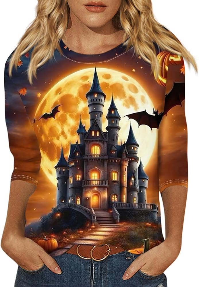 Womens Halloween Costumes 3/4 Sleeve Round Neck Trendy Blouses Casual Clothing Graphic Shirts Loose Tops Printed Tees