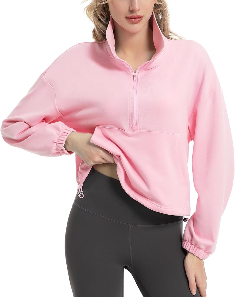 Quarter Zip Pullover Women Cropped Sweatshirt Long Sleeve Crop Top Stand Collar Drawstring Casual Pullover