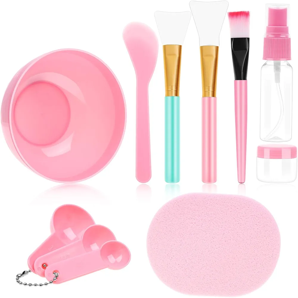 anezus 11 Pcs DIY Facial mask Mixing Tool Kit with Bowl Stick Spatula Silicone Brush Spray Bottle Puff Soaking Bottle Gauges (Pink)