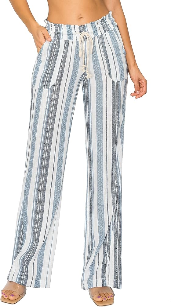 Cali1850 Women's Print Linen Pants - 32" Inseam Oceanside Drawstring Smocked Waist Casual Lounge Beach Trousers with Pockets