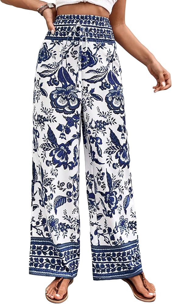 Floerns Women's Floral Print Elastic Waist Wide Leg Shirred Boho Pants