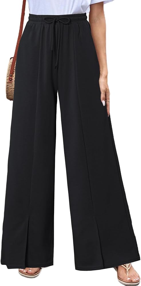 HOUZONIY Women's Wide Leg Pants High Waist Drawstring Loose Palazzo Casual Lounge Trousers with Pockets