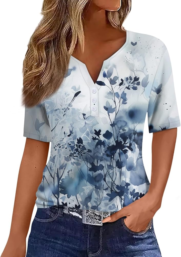 Summer Tops for Women 2024 Trendy Floral Print Tops V Neck Short Sleeve Casual Shirts Button Down Basic Tees Clothes