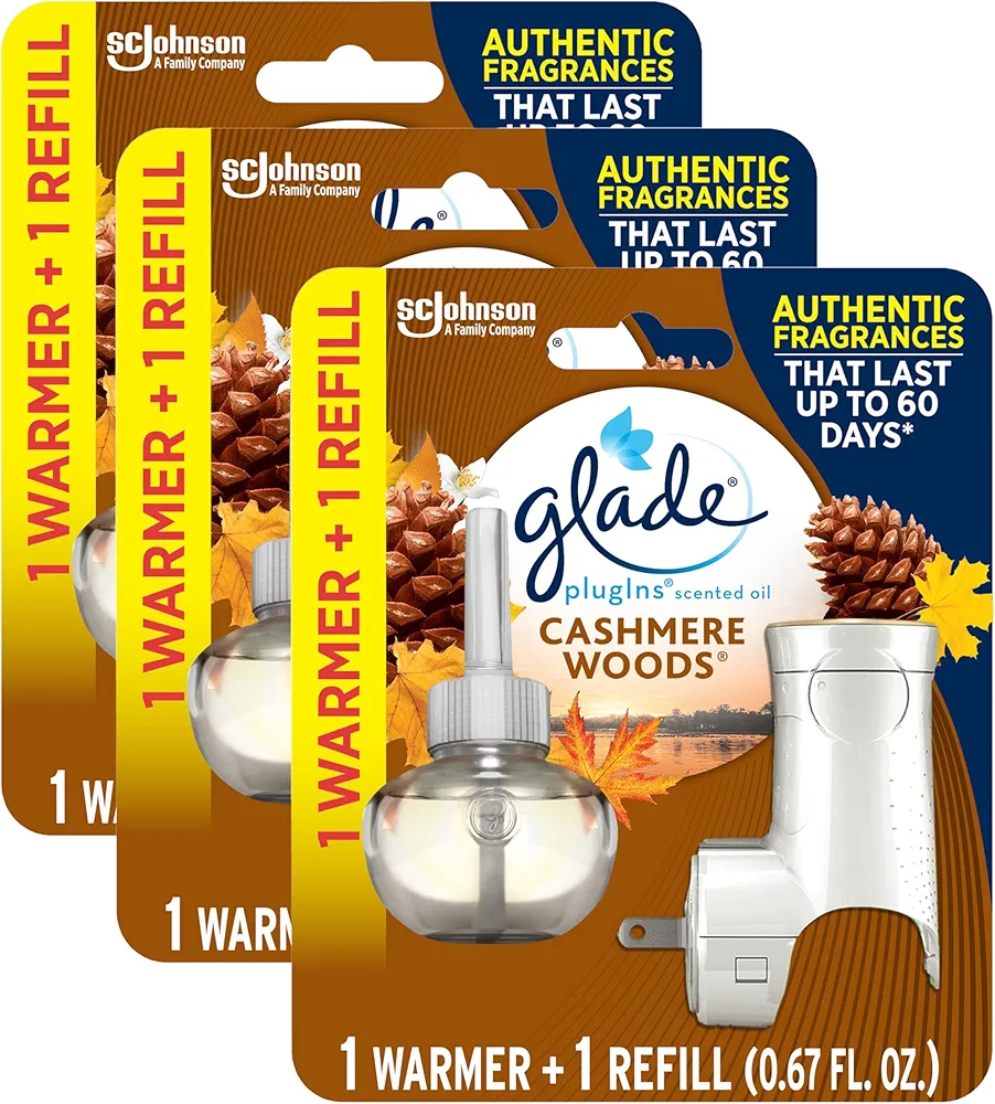 Glade PlugIns Refills Air Freshener Starter Kit, Scented Oil for Home and Bathroom, Cashmere Woods, 0.67 Fl Oz, 1 Warmer + 1 Refill (Pack of 3)