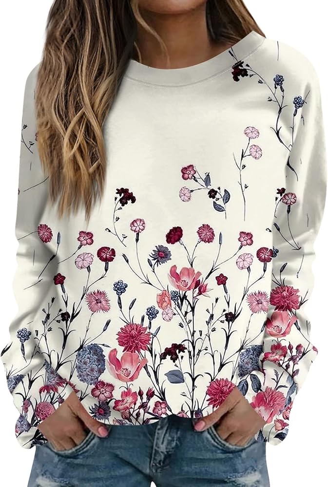 Womens Fall Long Sleeve Sweatshirts Crew Neck Trendy Printed Pullover Tops Casual Loose Autumn Shirts