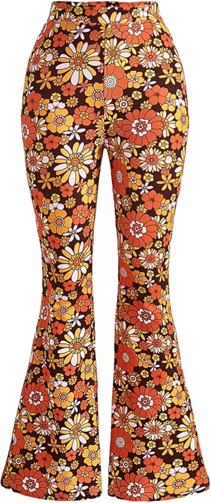 Verdusa Women's 70s Floral Print Flare Leg Pants Casual High Waisted Long Trousers