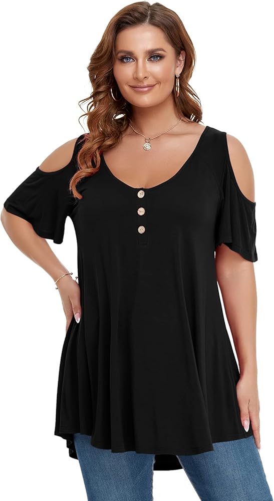 LARACE Cold Shoulder Tops for Women Plus Size V Neck T Shirts Short Sleeve Summer Clothes Button Up Tunic