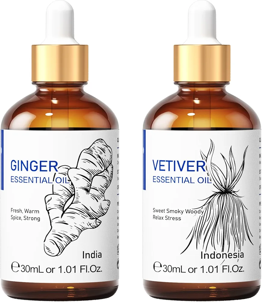 HIQILI Vetiver Essential Oil and Ginger Essential Oil, 100% Pure Natural for Diffuser - 1 Fl Oz