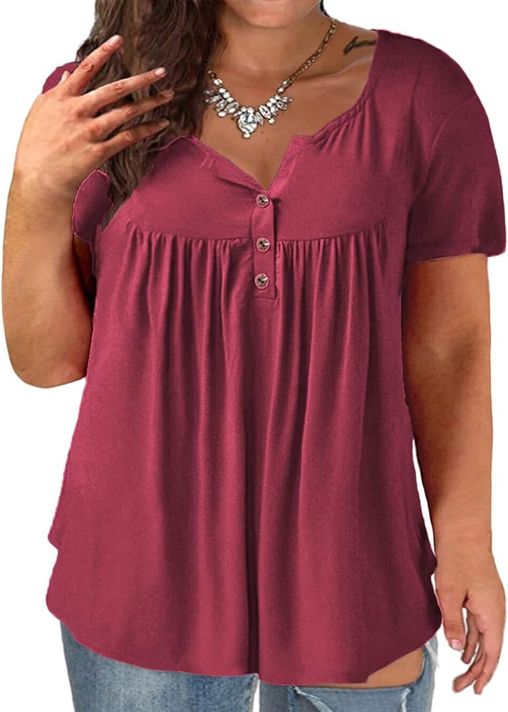 VISLILY Women's Plus Size Henley Shirts Flowy Summer Tops Pleated Buttons Up Tunics