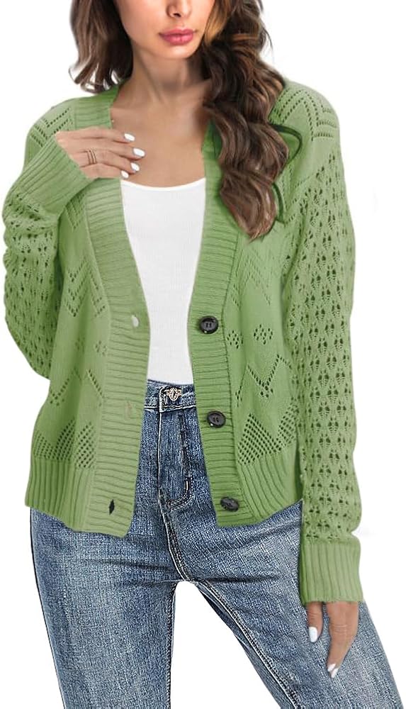 Womens Open Front Long Sleeve Cardigan Lightweight Hollow Out Knitted Button Down Sweater Fall Casual Outerwear Green