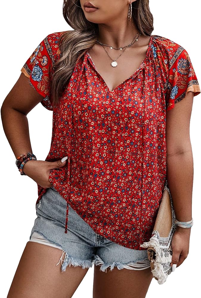 SOLY HUX Women's Plus Size Blouses Boho Floral Print V Neck Loose Casual Summer Blouses T-Shirts Tops