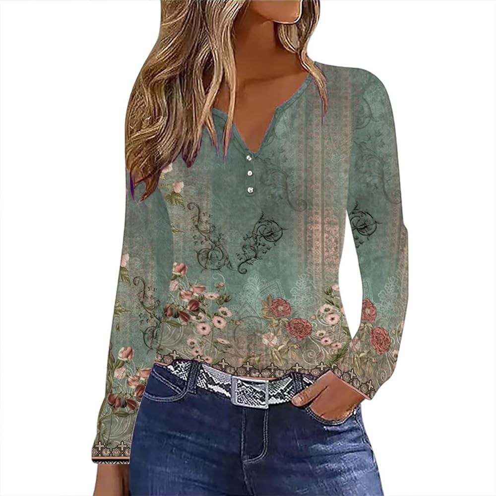 Women's Long Sleeve Shirts Button Up Henley V Neck T Shirt Basic Tees Casual Fashion Blouses Tops