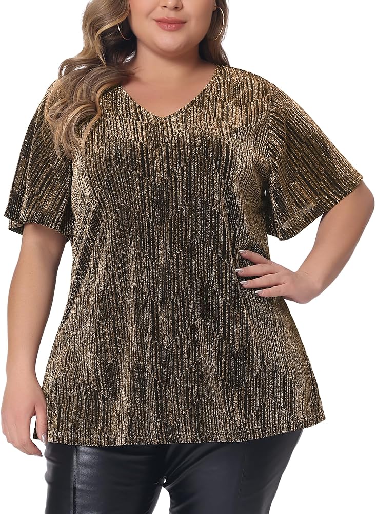 Agnes Orinda Plus Size Tops for Women V Neck Metallic Short Sleeve T-Shirt Party Blouses Tee Tops