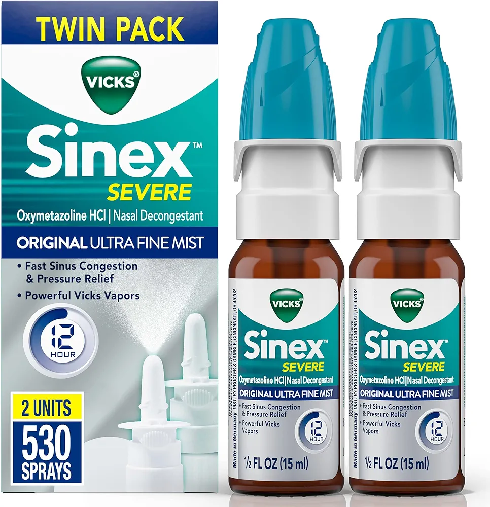 Vicks Sinex SEVERE Nasal Spray, Original Ultra Fine Mist, Decongestant Medicine, Relief from Stuffy Nose due to Cold or Allergy, & Nasal Congestion, Sinus Pressure Relief, 265 Sprays x 2