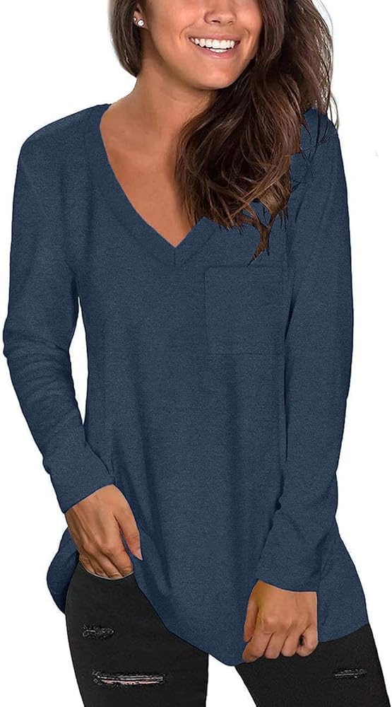 Tobrief Women's Long Sleeve V-Neck Shirts Loose Casual Tee T-Shirt with Pocket