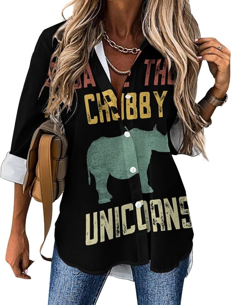 Save The Chubby Unicorns Classic Shirts for Women Long Sleeve Blouse Casual V Neck Tee Tops Work Office