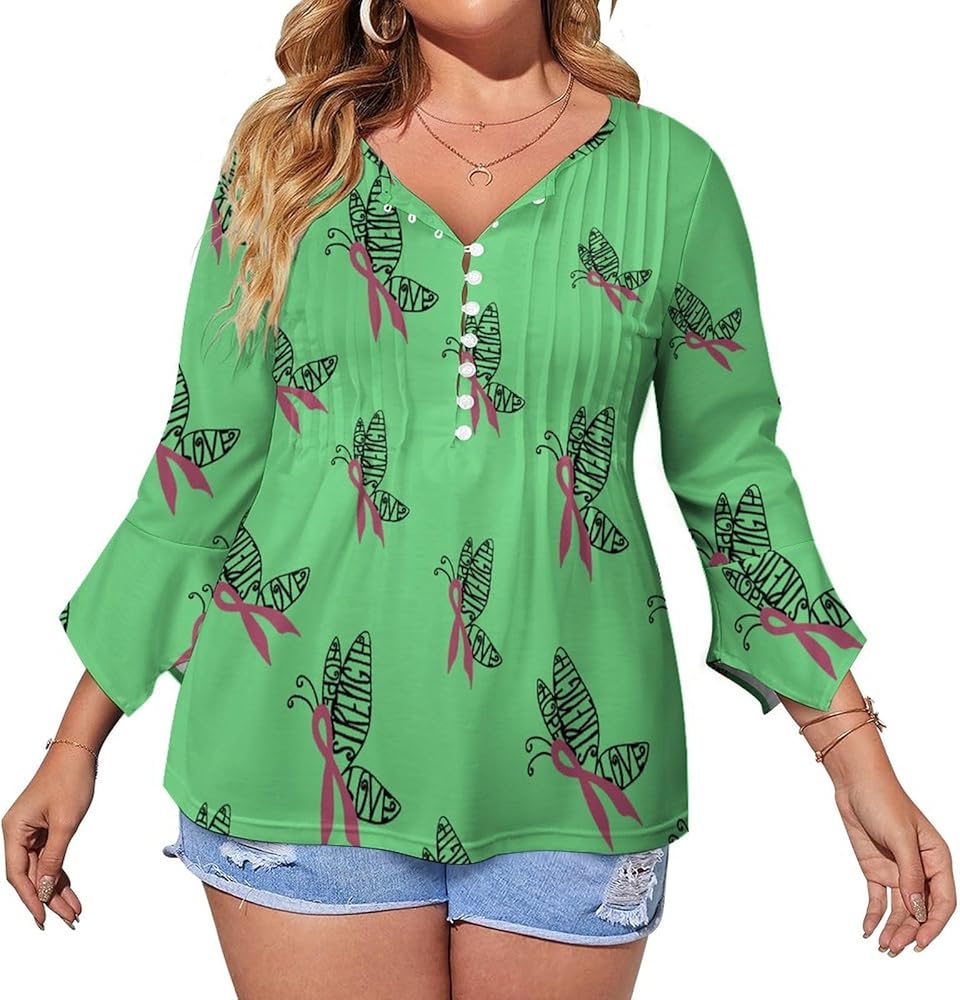 Breast Cancer Butterfly Cute Womens T-Shirts 3/4 Sleeve Button Down Tee Tops Blouse Summer Beach