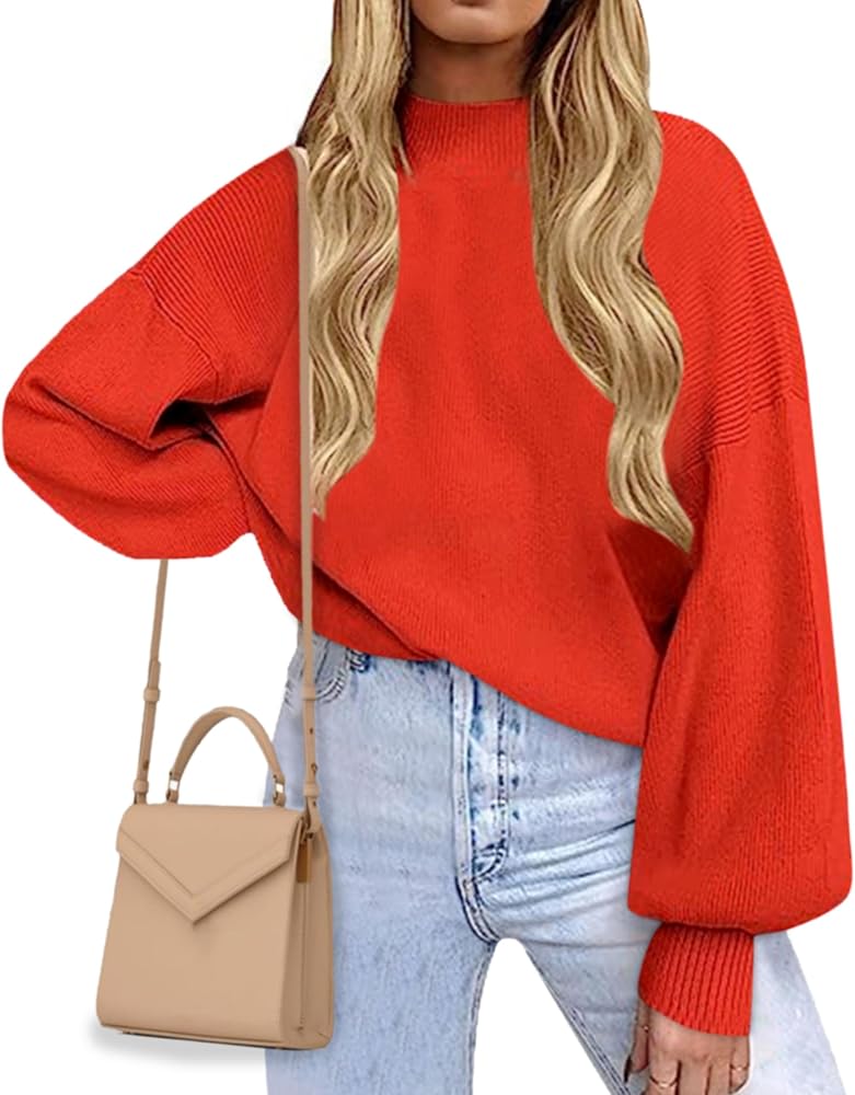 Women's 2024 Fall Fashion Mock Neck Long Lantern Sleeve Oversized Sweaters Loose Knit Pullover Sweater Tops