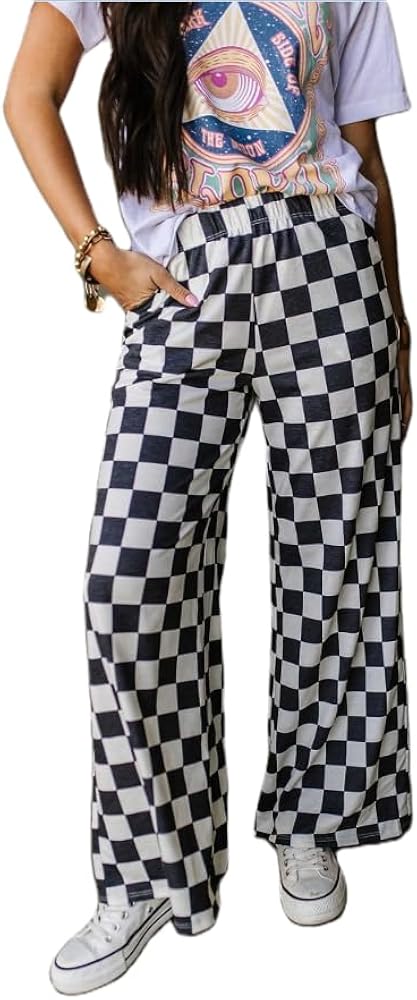 FEORJGP Womens Casual Straight Wide Leg Flare Pants High Waist Baggy Checkerboard Printed Trousers Joggers 90s Loungewear