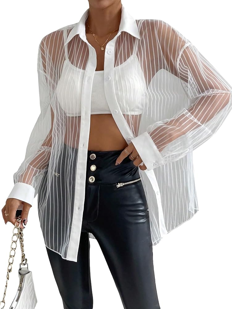 Milumia Women Striped Mesh Sheer Button Up Shirt Long Sleeve Drop Shoulder Blouse Top