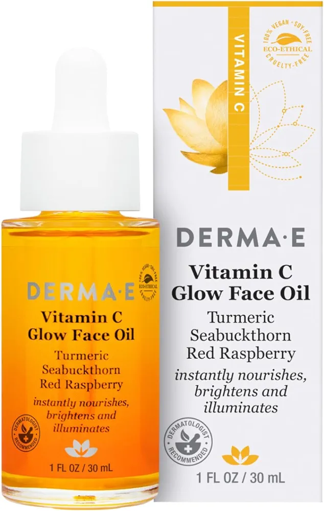 Derma E Vitamin C Glow Face Oil, Facial Oil Nourishes, Brightens and Illuminates for a Radiant Glow, Moisturizing Face Oil with Turmeric, Seabuckthorn and Red Raspberry, 1 Fl Oz