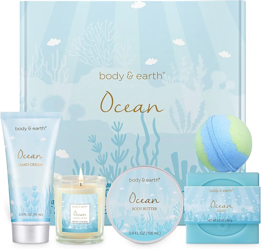 Gifts for Women, Bath and Body Gift Set for Women with 5 Pcs Ocean Scented Spa Gifts for Women, Bath Sets Includes Scented Candle, Body Butter, Hand Cream, Bath Bomb, Bath Gifts for Women